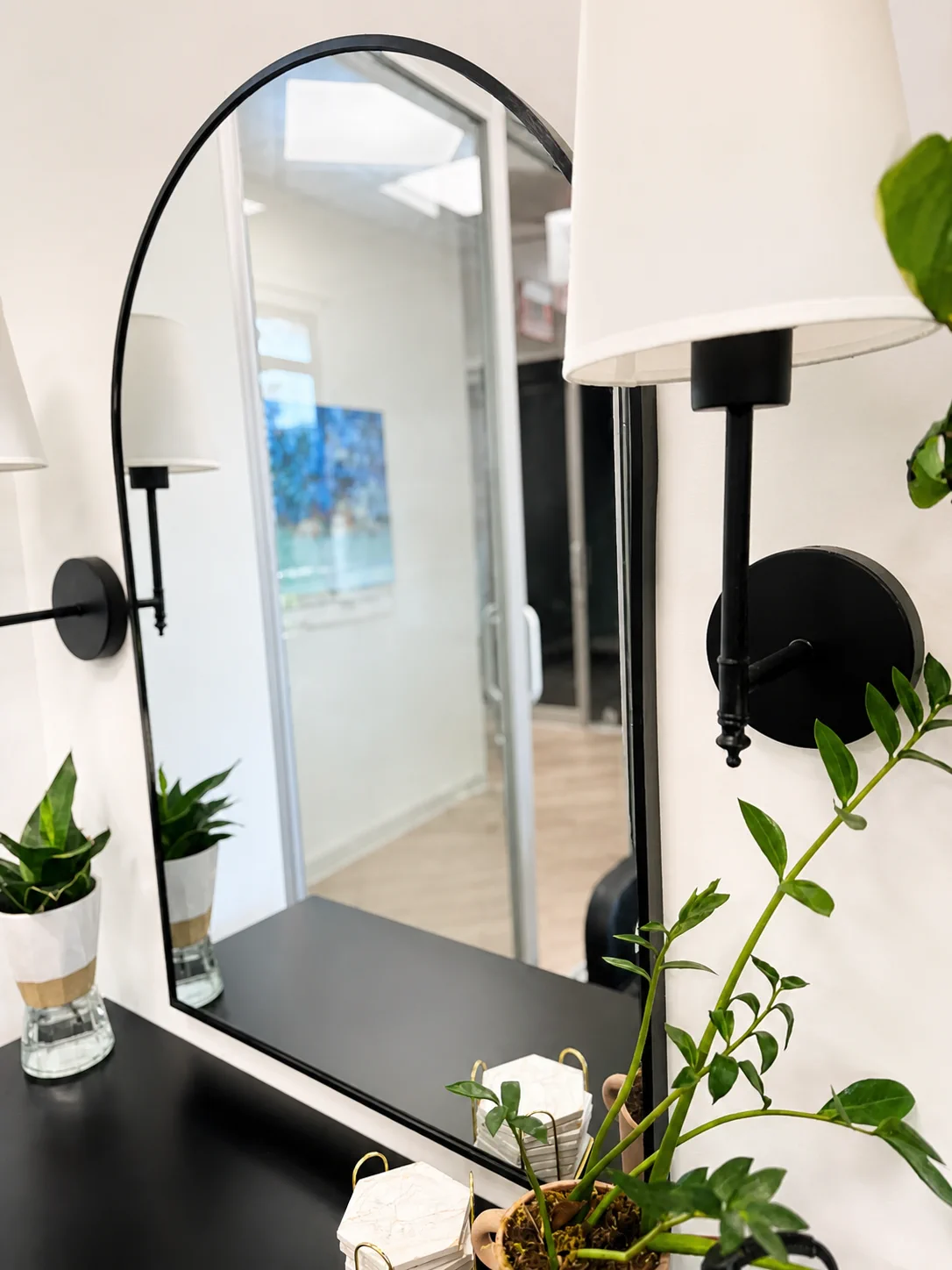 Bright mirror area with plants in Kelly's Gulf Coast Coloring studio